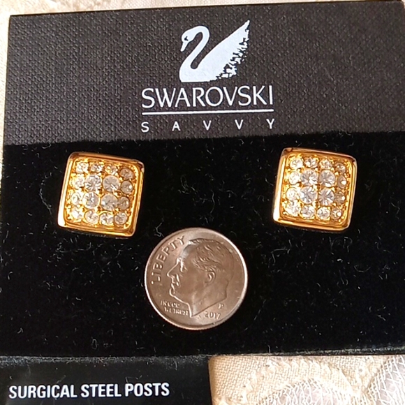 Swarovski Earrings, Posts with Handset Crystals in Golden squares NWOT - Picture 3 of 4